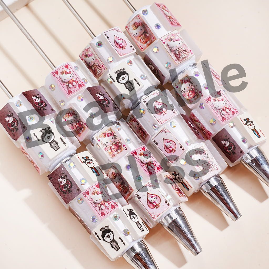 Beadable Clay Pens w Poker-Themed Cute Cat Character Print and AB Rhinestones