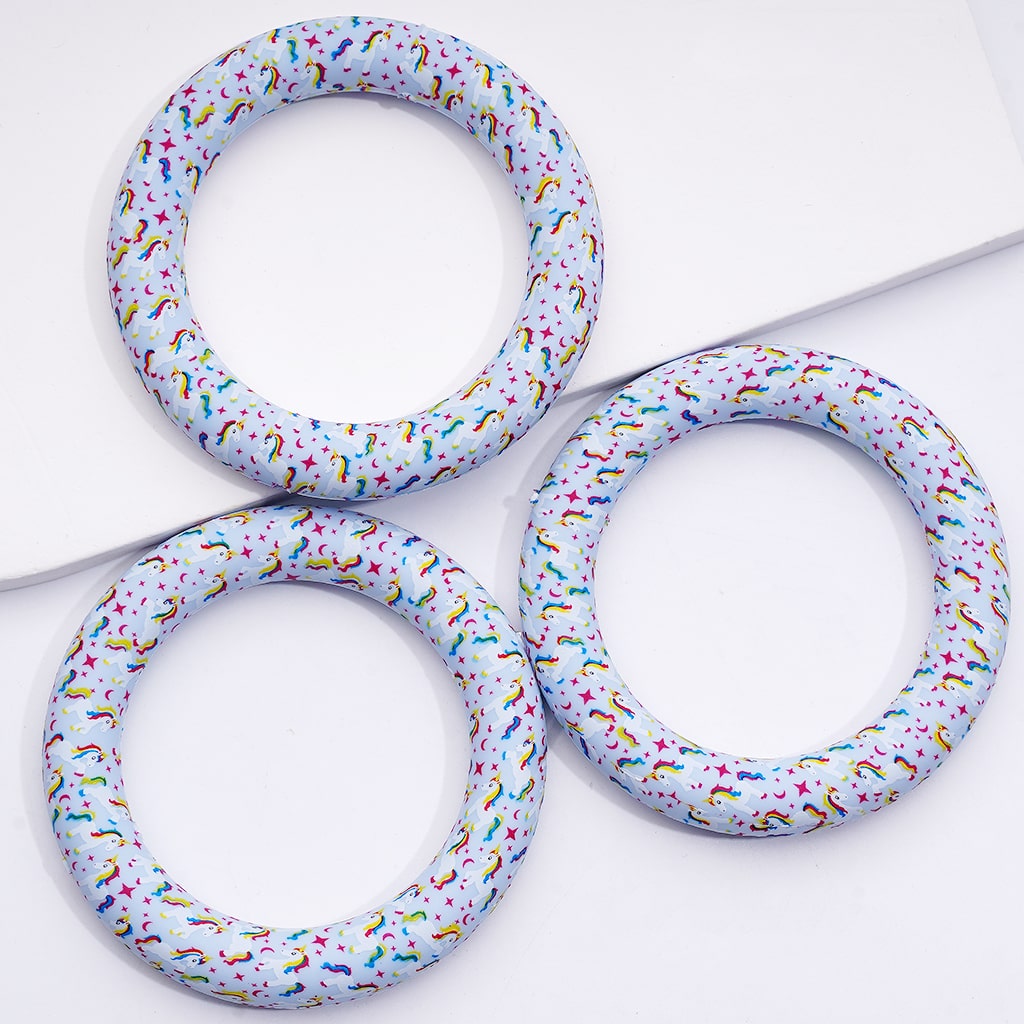 Printed Silicone Ring Frame Bead Circle Round Soft Car Hanger Charm Loop with Unicorn Star Moon Blue 65mm