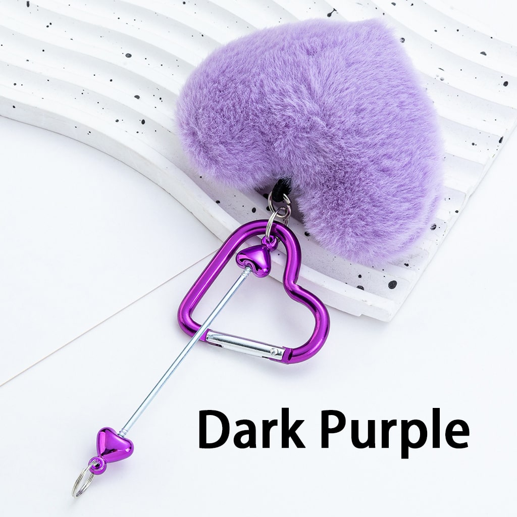 DIY Beadable Metal Heart Shape Keychain with Bar Large Pom Pom Heart , Around 160MM