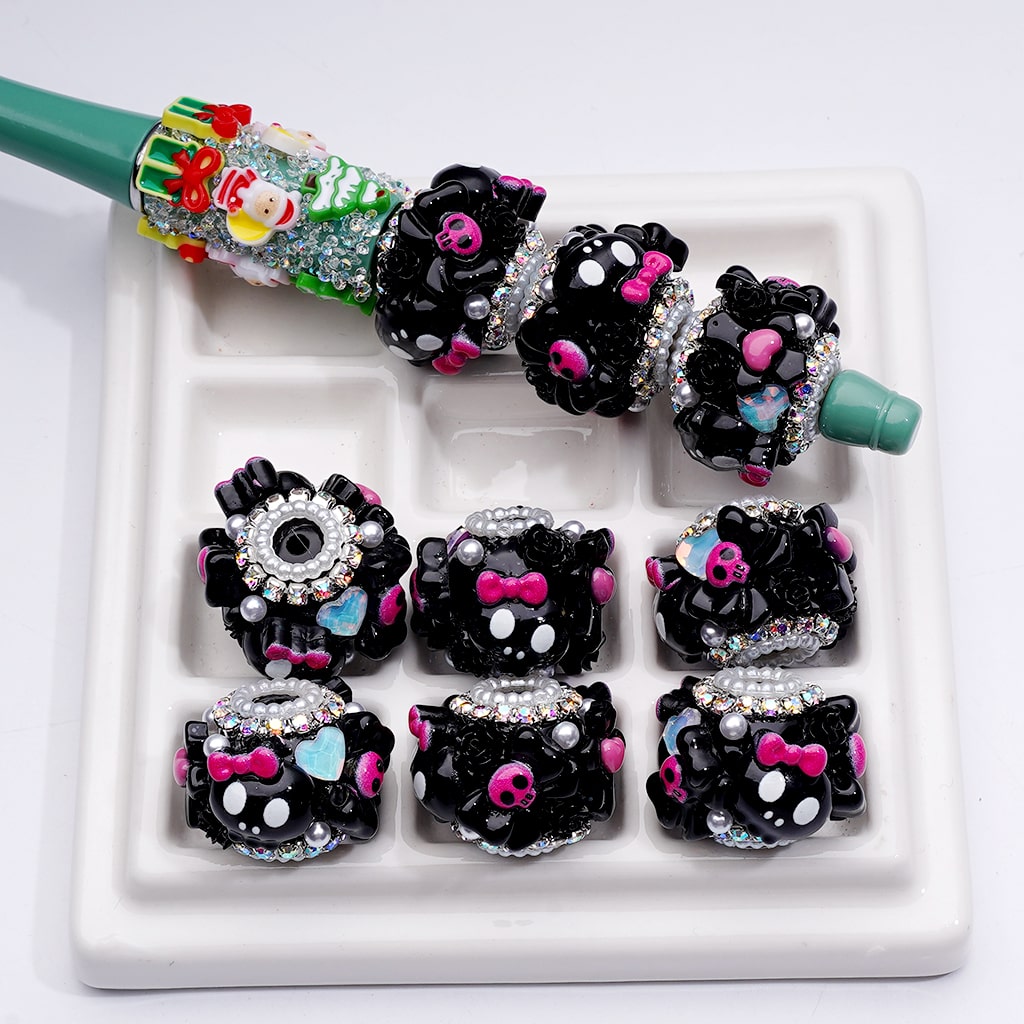 Cute Halloween Black Pink Ghost Skeleton Skull Head Bowknot Heart Cross Flower White Pearls AB Rhinestones Chains Acrylic Beads, Around 23*18MM