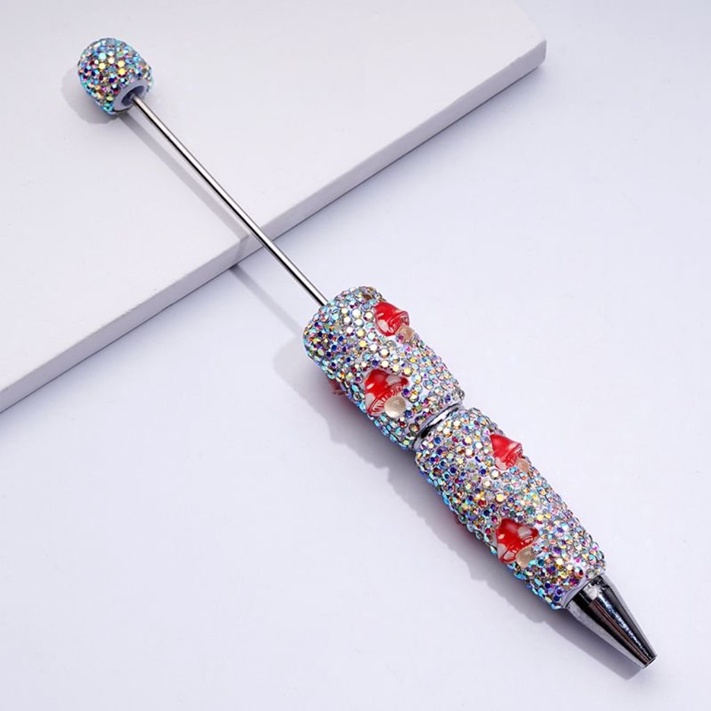 Beadable Clay Pens with Cute Red Mushroom Mini AB Rhinestones Covered the Entire Pen