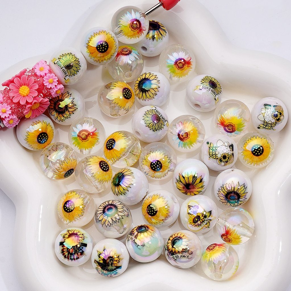 UV Coating Sun Flowers Clear White Round Acrylic Beads, 16MM