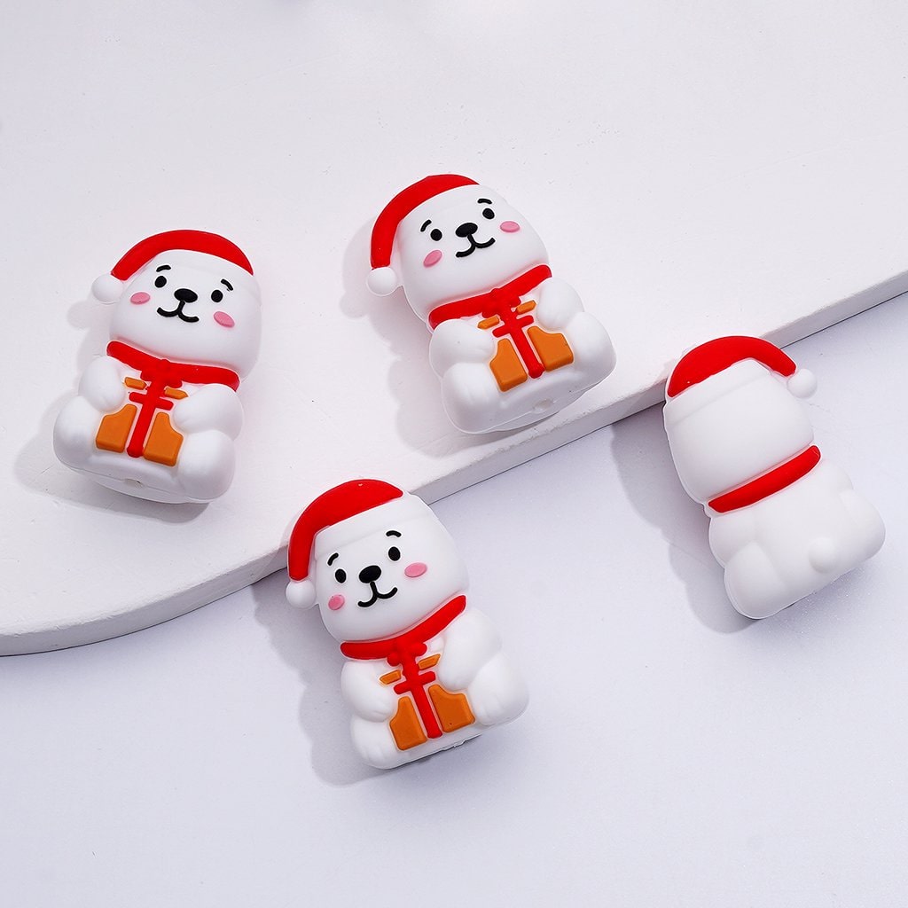 3D Cute Snowman with Red Christmas Hat Holds a Gift Box Silicone Focal Beads