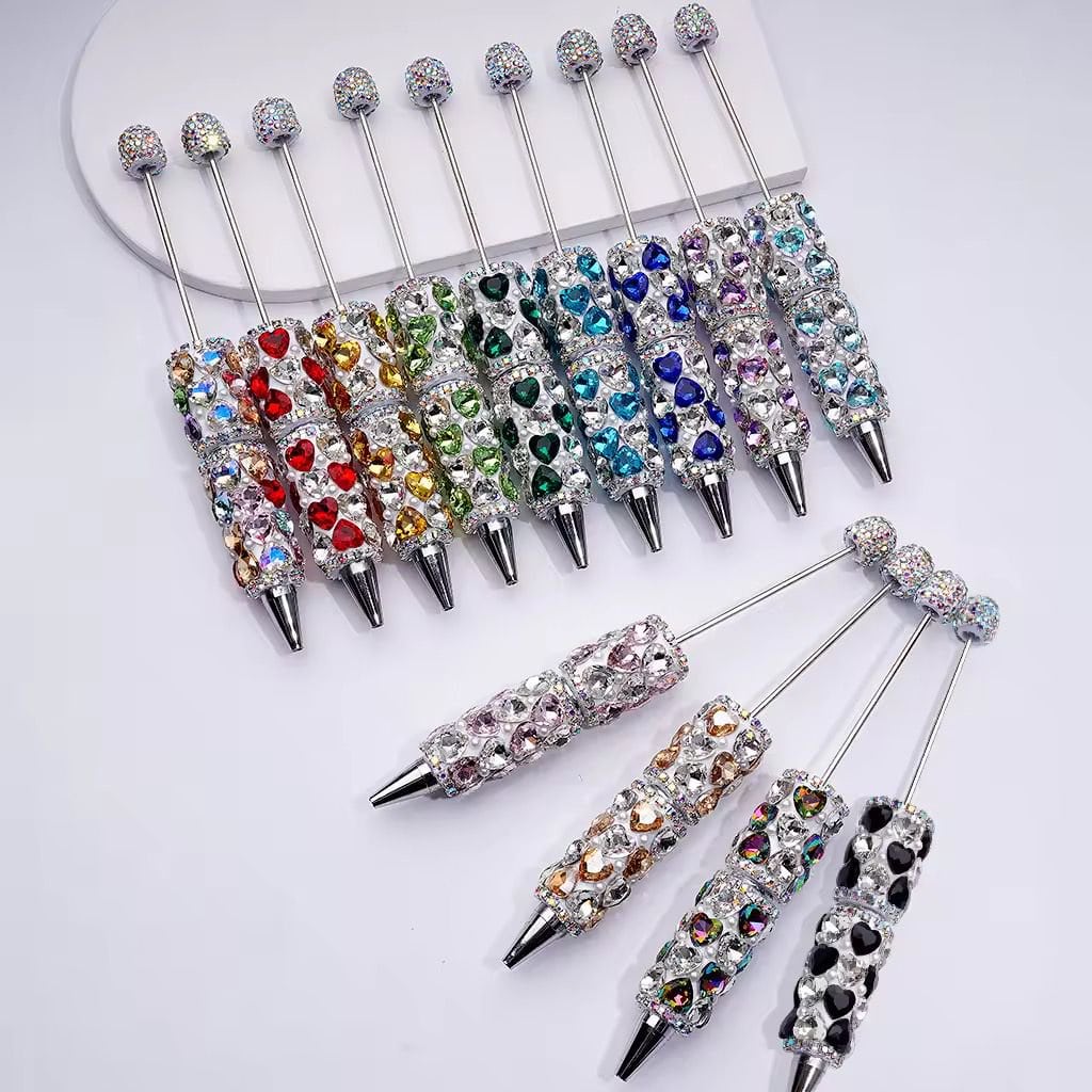 Beadable Clay Pens with Multi-Color Shiny Hearts White Pearls Mini AB Rhinestones Chains