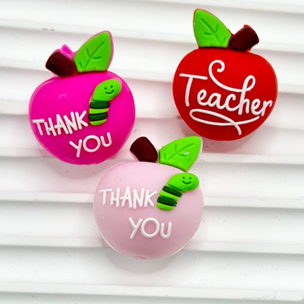 3D Mini Cute Rose Red & Red Apple Teacher Thank You School Silicone Focal Beads