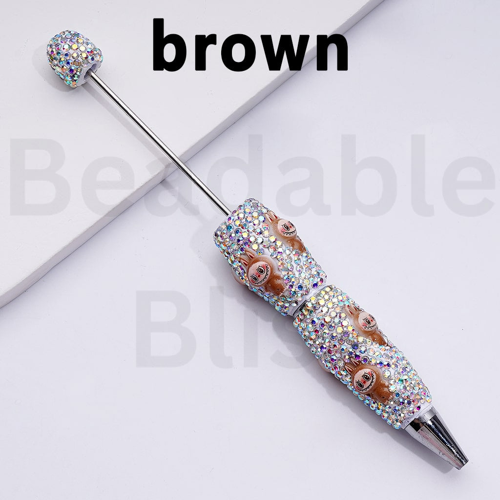 White Color Beadable Clay Pens with Cute Labub Monster Pop Mar AB Rhinestones Covered the Entire Pen