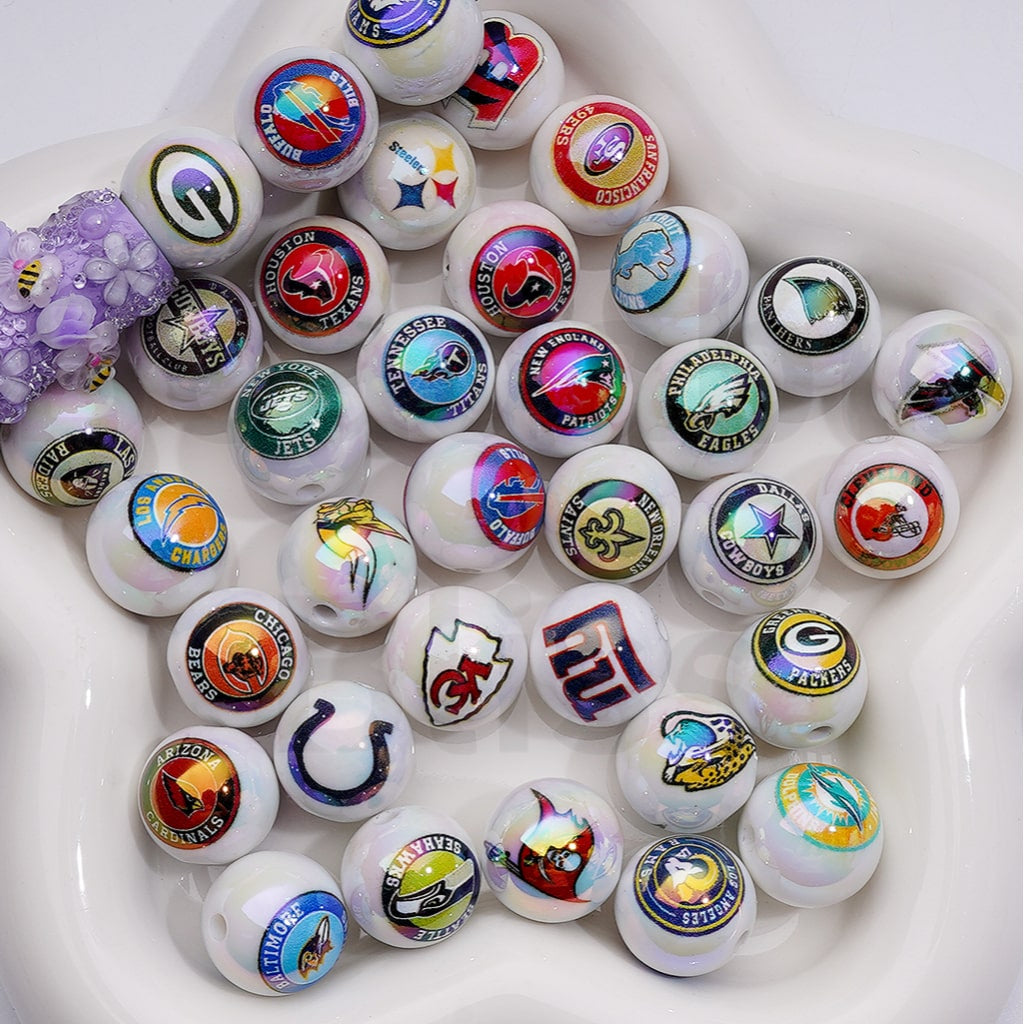 UV Coating USA American Football Teams NF Round Acrylic Beads, 16MM, Random Mix Teams and Single Team are Both Available to Choose