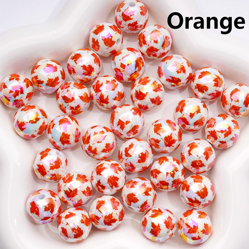 Acrylic Beads UV Coating Maple Leaves Prints Multi-Color, Round 16MM (Single Color is available for 200pcs(Whole Bag))