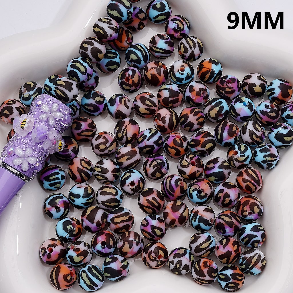 Brown Black Leopard Colorful Printed Silicone Beads 9MM, Number Z-00261