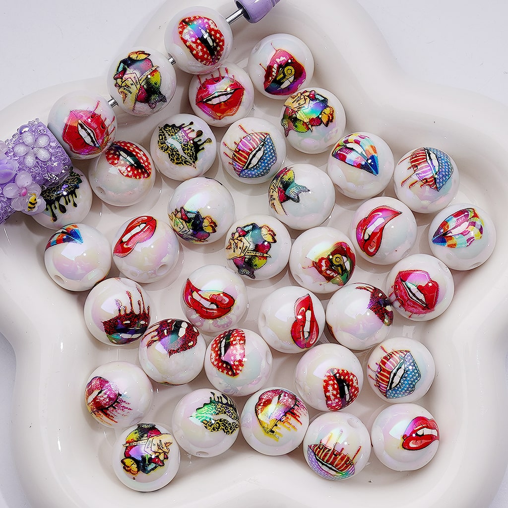 UV Coating Multi-Color lips USA America Patriotism Jelly White Clear Round Acrylic Beads, 16MM
