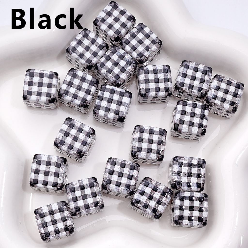 Macaron Color Checkered Clear Cube Square Acrylic Beads, Around 14MM