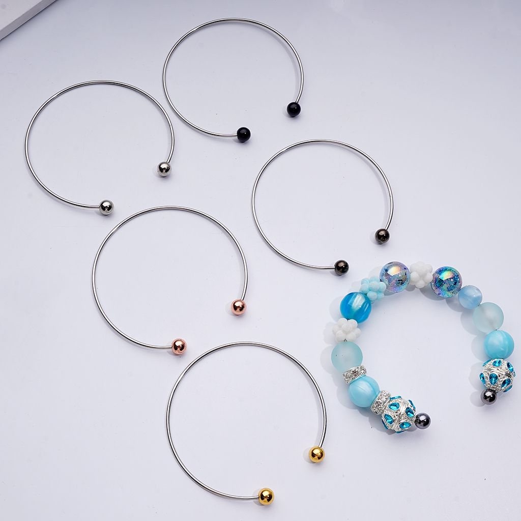 Large DIY Beadable Metal Bracelet with Rose-Gold Silver Gold Gun-Gray Black Round Balls