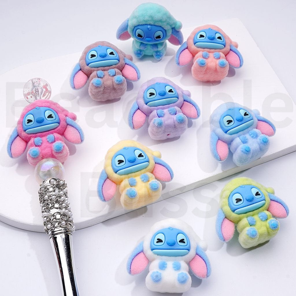 Flocked Fluffy Cute Stitc with Hat Acrylic Beads, Around 35*40MM, Random Mix