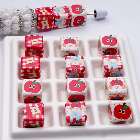 Cute Apple Series Cube Square Acrylic Beads, 14MM, Random Mix