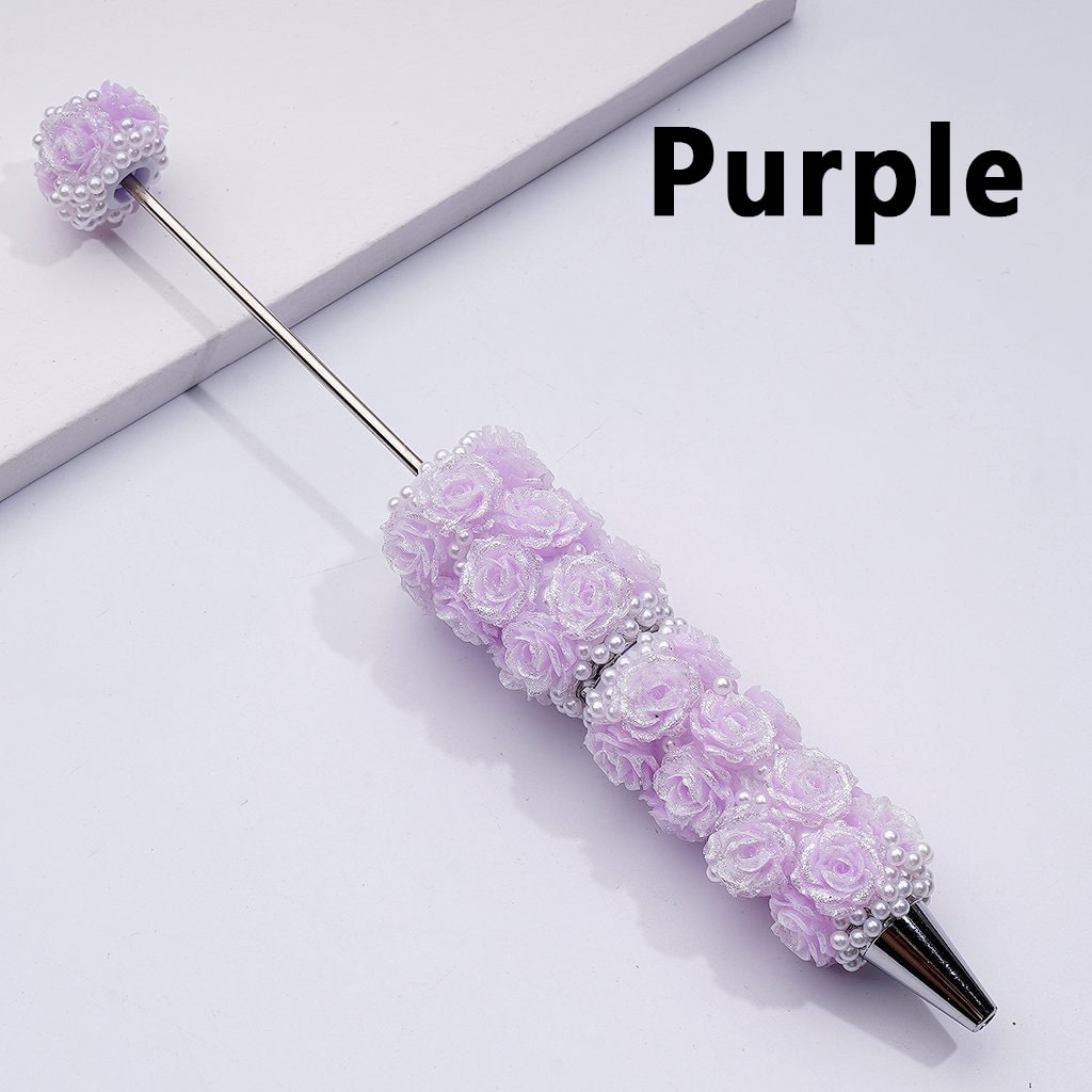 Beadable Pen Covered by Shiny Glitter Flowers White Pearls