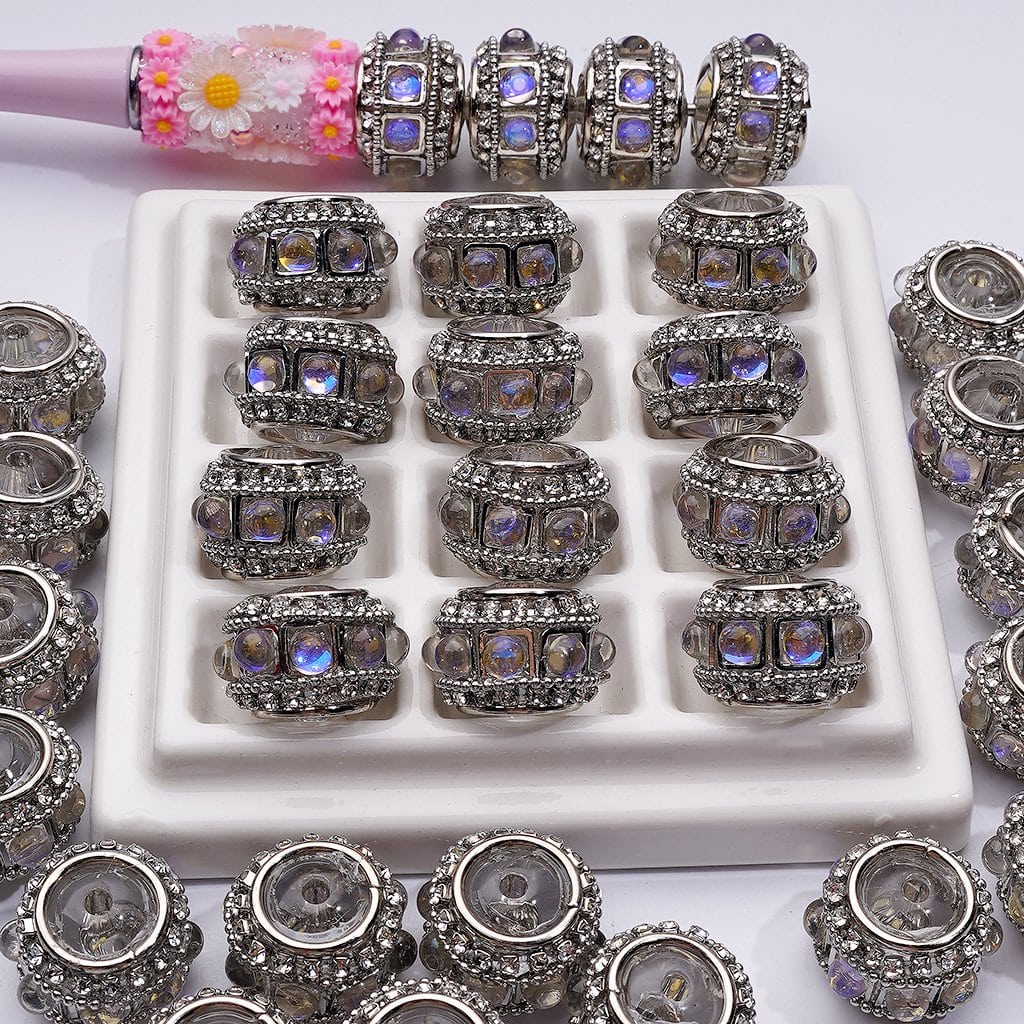 AB Cat Eye Round Rhinestones Fancy Silver Alloy Loop Clear Rhinestones Chains Acrylic Beads, 20MM