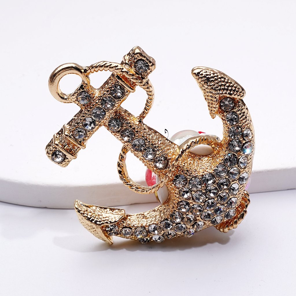 Exquisite Fancy Gold Alloy Corsair Pirate Ship Boat Anchor with Shiny Rhinestones White Pearls Cute Flowers Snowflakes Hearts Clay Beads, Around 58*50*20MM
