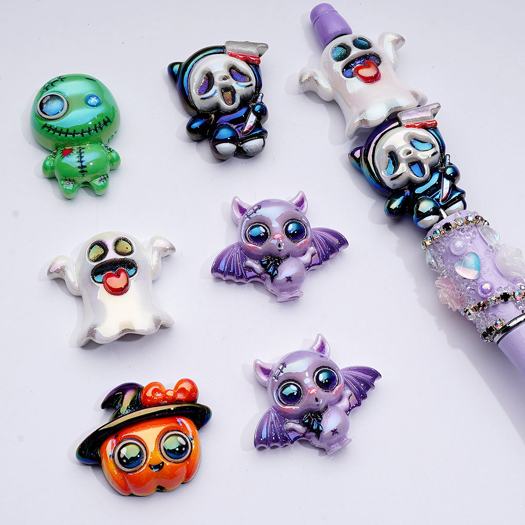 UV Coating Cute Halloween Series Ghost Pumpkin Bat Acrylic Beads, Random Mix