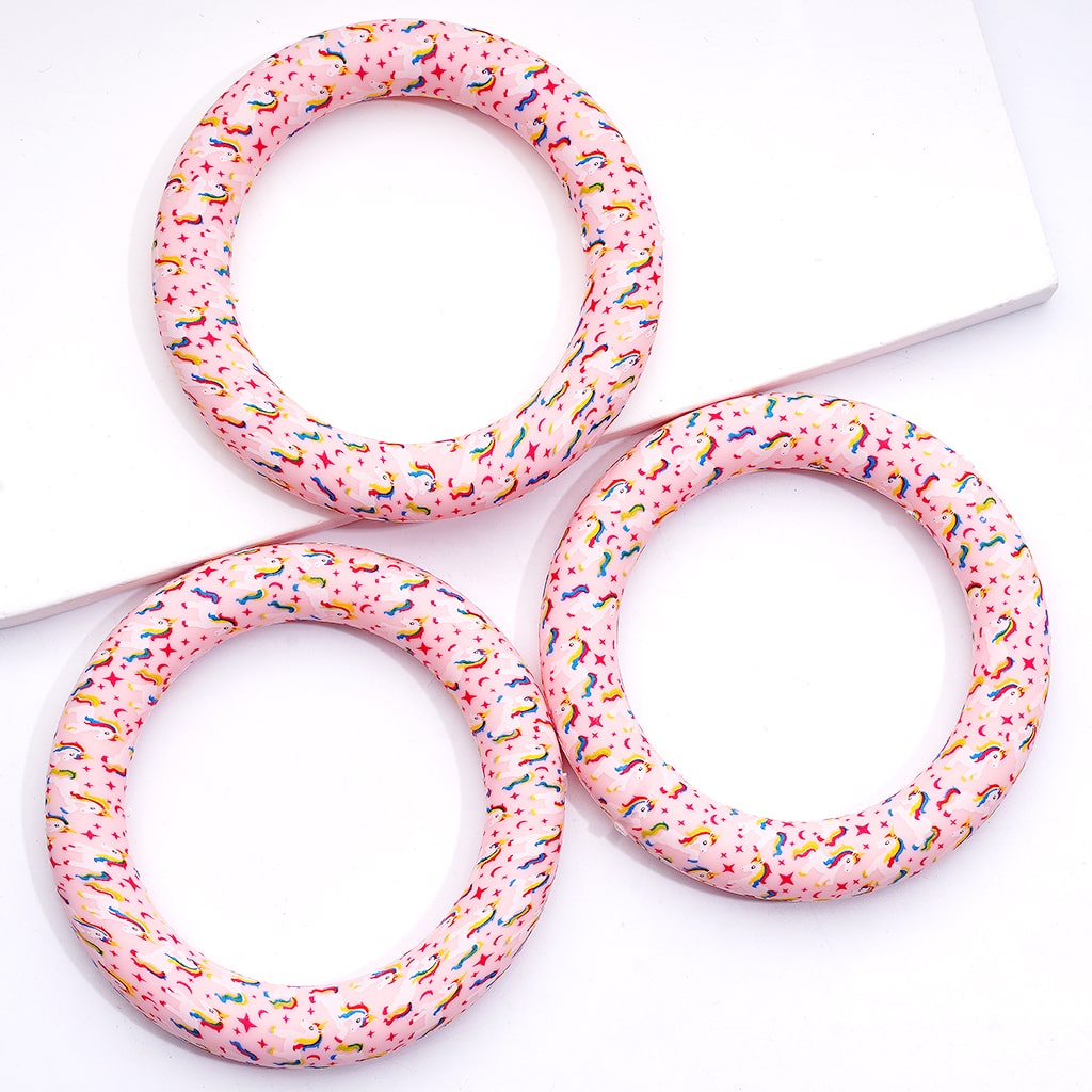 Printed Silicone Ring Frame Bead Circle Round Soft Car Hanger Charm Loop with Unicorn Star Moon Pink 65mm