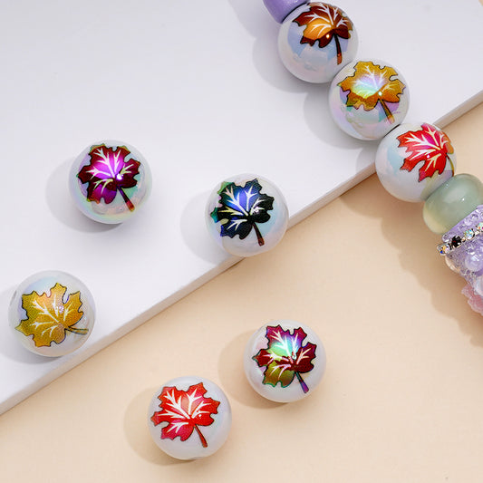 UV Finish Maple Leaf White Round Acrylic Beads, Random Mix, 16MM