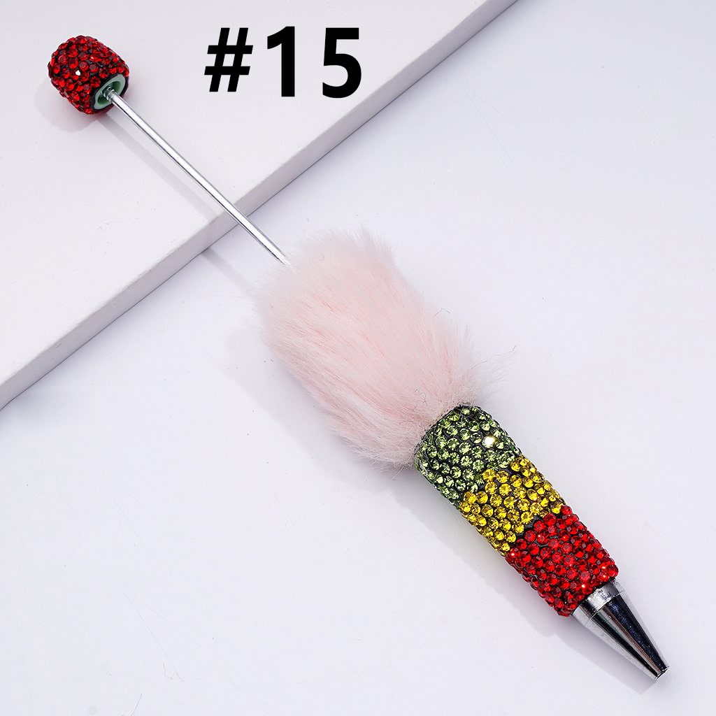 Beadable Clay Pom Pom Pens with Green Yellow Red Shiny Rhinestones Covered the Entire Pen
