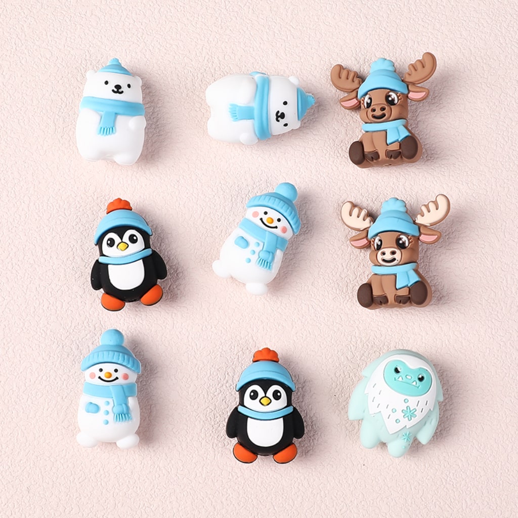 Silicone Focal Beads 3D Cute Winter Animals Series Polar Bears Penguins Snowman Elks Abominable Snowman