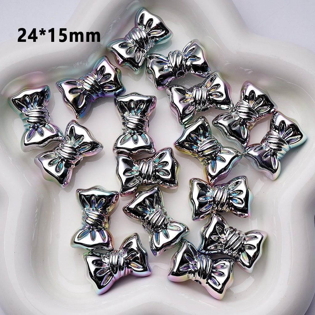 Laser Galaxy Iridescent Holographic Metallic Silver Color Bowknots Acrylic Beads, Around 24*15MM