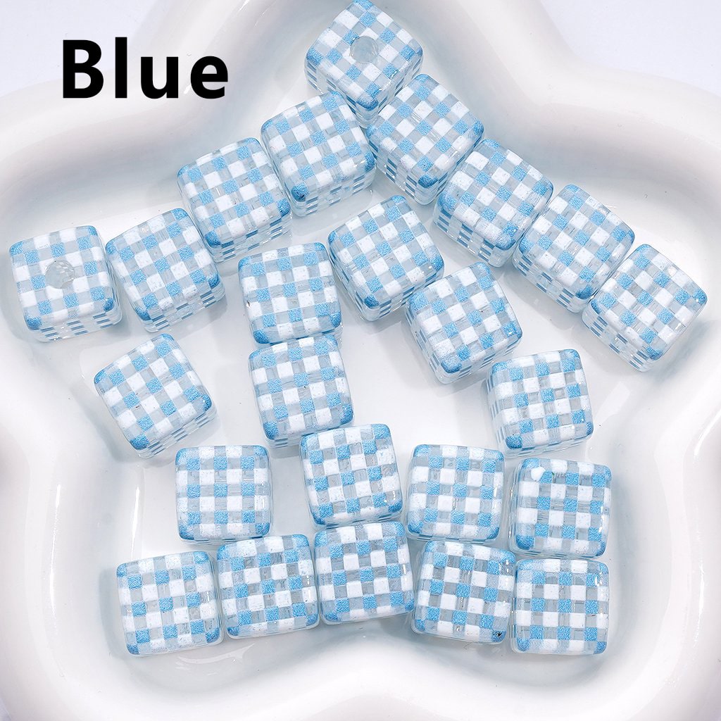 Macaron Color Checkered Clear Cube Square Acrylic Beads, Around 14MM