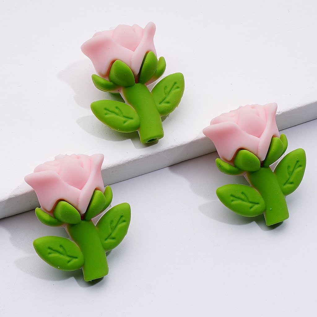 3D Cute Red Purple Pink Light Yellow Rose Flower Silicone Focal Beads