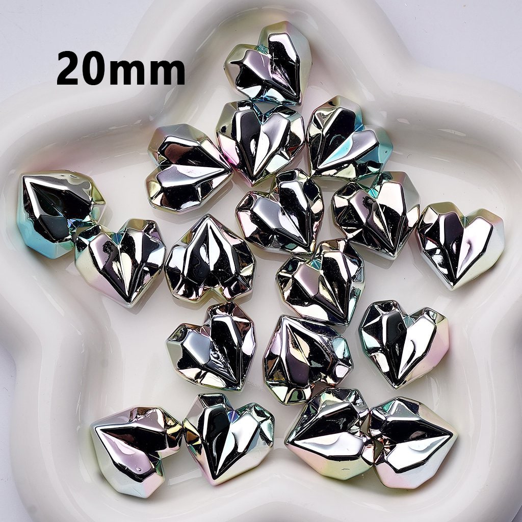 Laser Galaxy Iridescent Holographic Metallic Silver Color Geometric Polyhedral Heart Acrylic Beads, Around 20MM