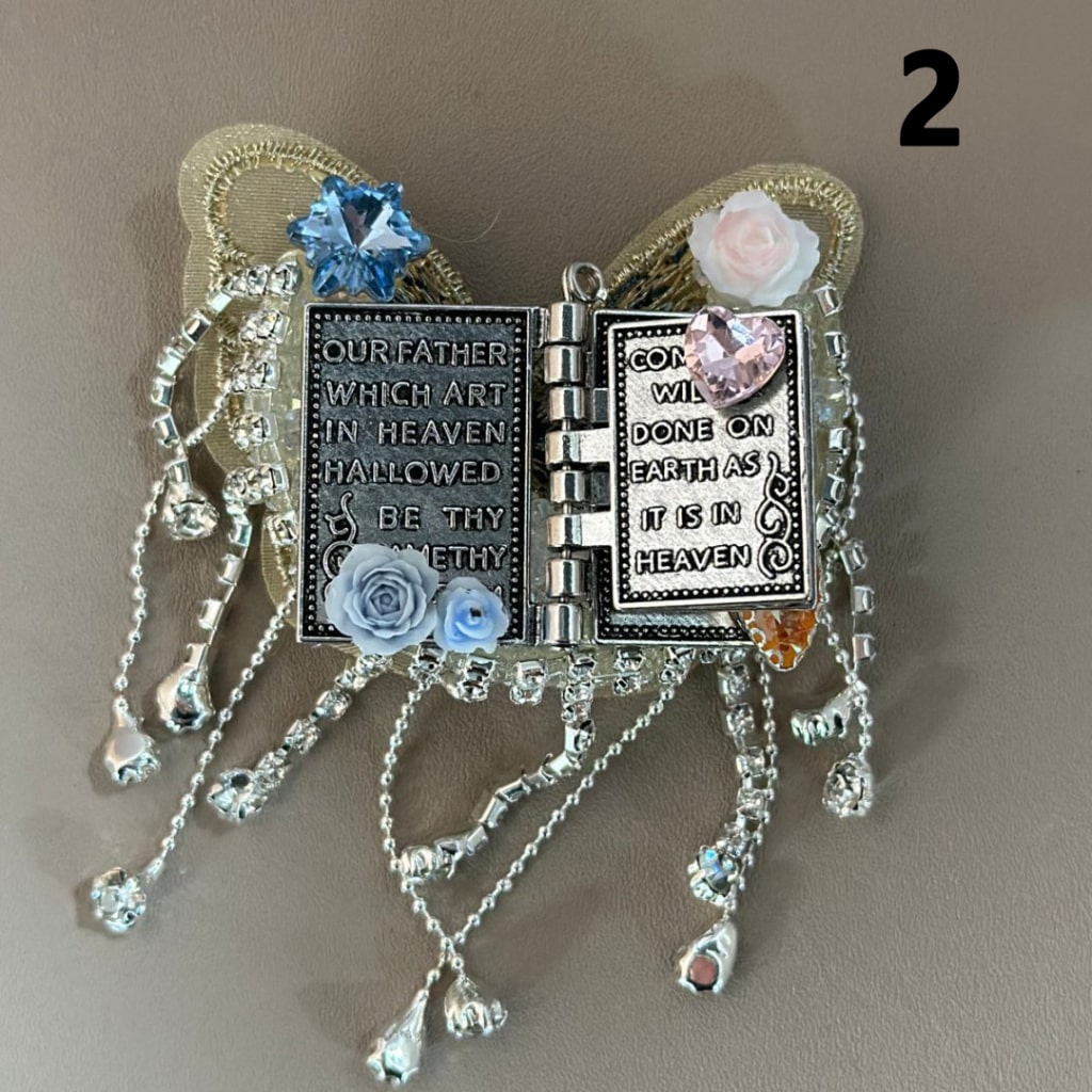 Delicate Fancy Gun Black Alloy Book with Clear Rhinestone Chains Large Crescent Moon Covered by Sugar Exquisite Fabric Butterfly Mini Cute Flower Heart Star Diamonds Beads, Around 59*45MM, Random Mix