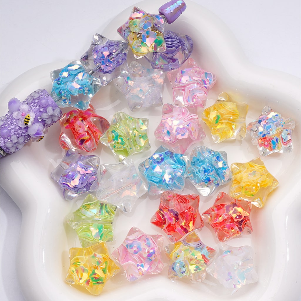 Star Acrylic Beads Mini Colorful Flowers Flakes Inside Clear 22MM (Single Color is available for 200pcs(Whole Bag))