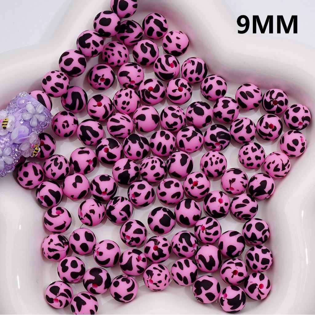 Black Spots Printed Pink Silicone Beads 9MM, Number Z-00262