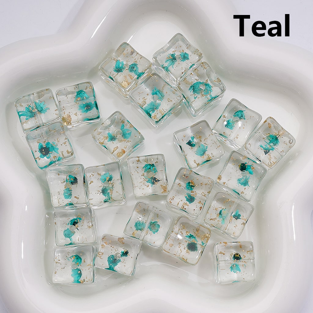 Multi-Color Dried Flowers Gold Foil Paper Inside Clear Cube Square Acrylic Beads, 14-15MM (Single Color is available for 200pcs(Whole bag))