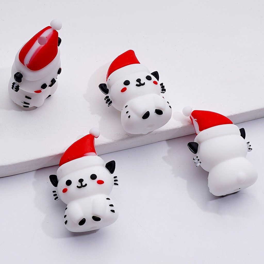 3D Cute White Cat Kitten with Red Christmas Hat Silicone Focal Beads
