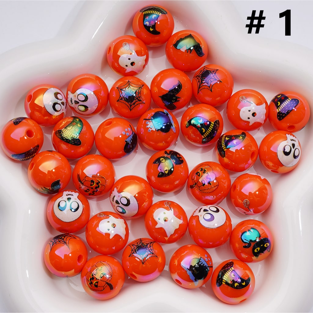 Orange Color Halloween Series Ghost Face Pumpkin White Ghost Skeleton Skull Head Black Cat Bat Wizard House Printed Acrylic Beads, 16MM (Single Color is available for 200pcs(Whole bag))