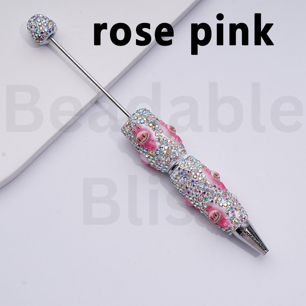 White Color Beadable Clay Pens with Cute Labub Monster Pop Mar AB Rhinestones Covered the Entire Pen
