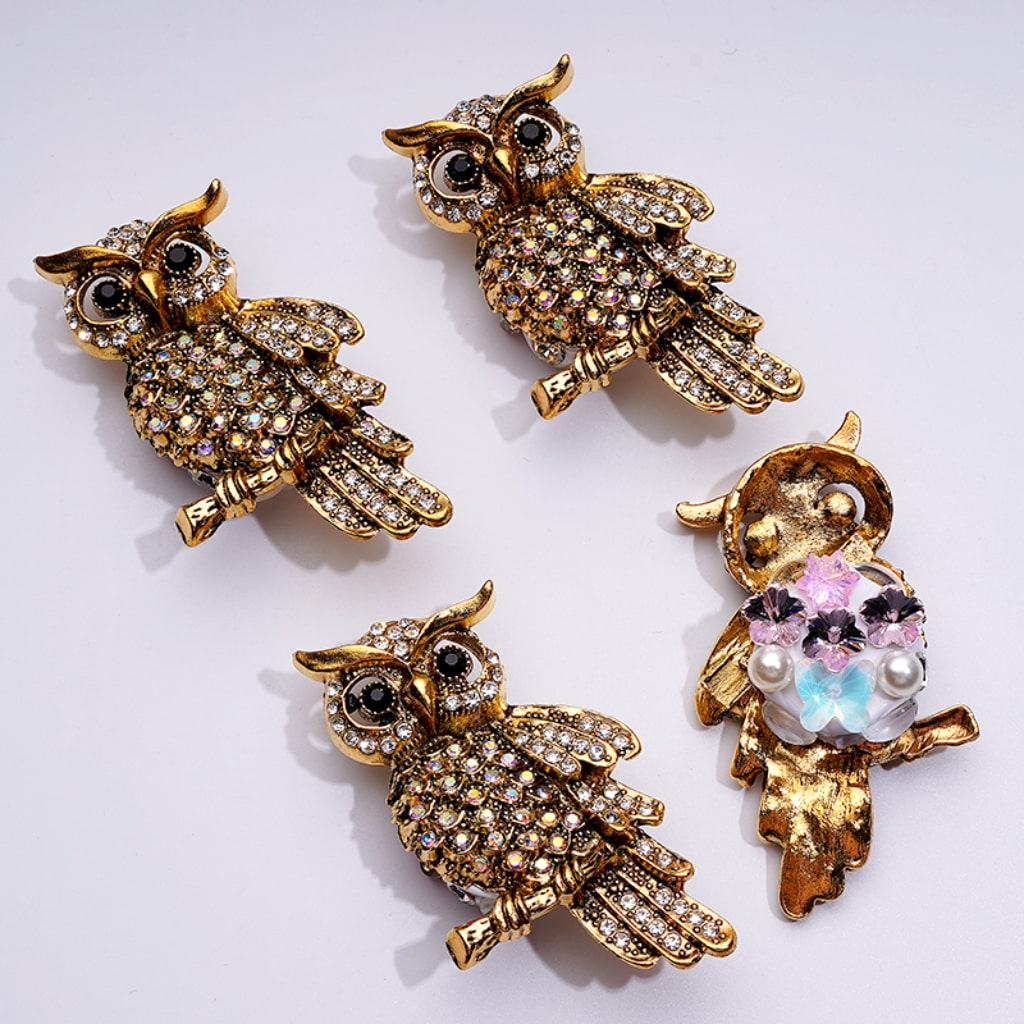 Bling Bling Fancy Cute Gold Alloy Owl with Colorful Shiny Rhinestones White Pearls Cute Butterflies Flowers Snowflakes Clay Beads , Around 65*35MM