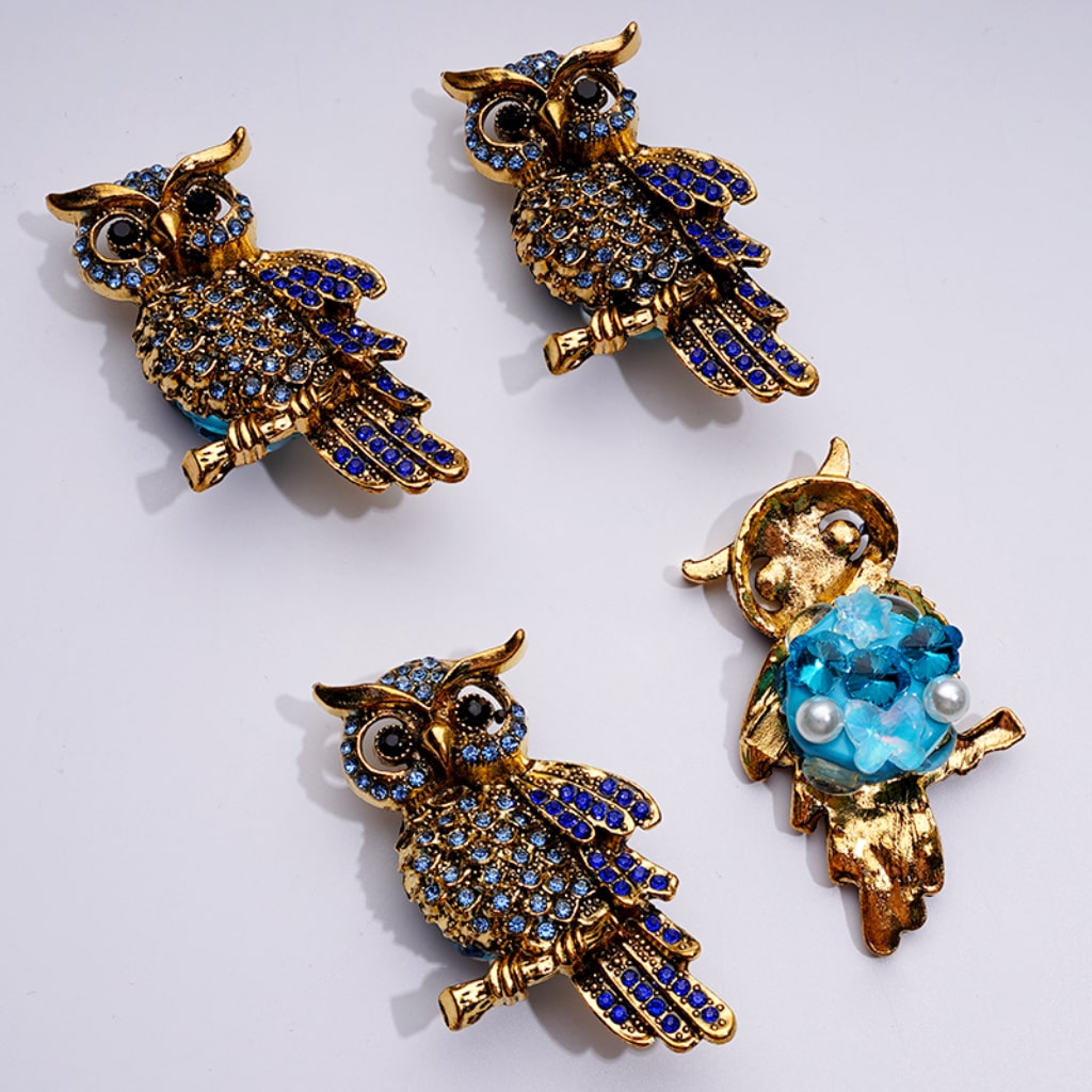 Bling Bling Fancy Cute Gold Alloy Owl with Colorful Shiny Rhinestones White Pearls Cute Butterflies Flowers Snowflakes Clay Beads , Around 65*35MM