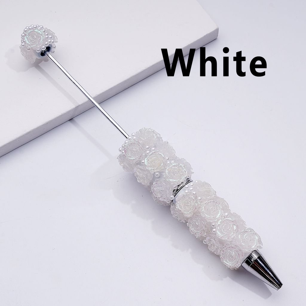 Beadable Pen Covered by Shiny Glitter Flowers White Pearls