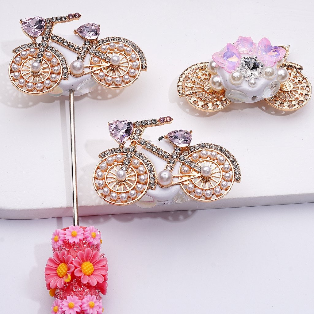 Fantastic Fancy Silver & Gold Alloy Bike Bicycle with Clear & Pink Shiny Rhinestones Cute Snowflakes Butterflies White Pearls Round Clay Beads, Around 48*30*15MM