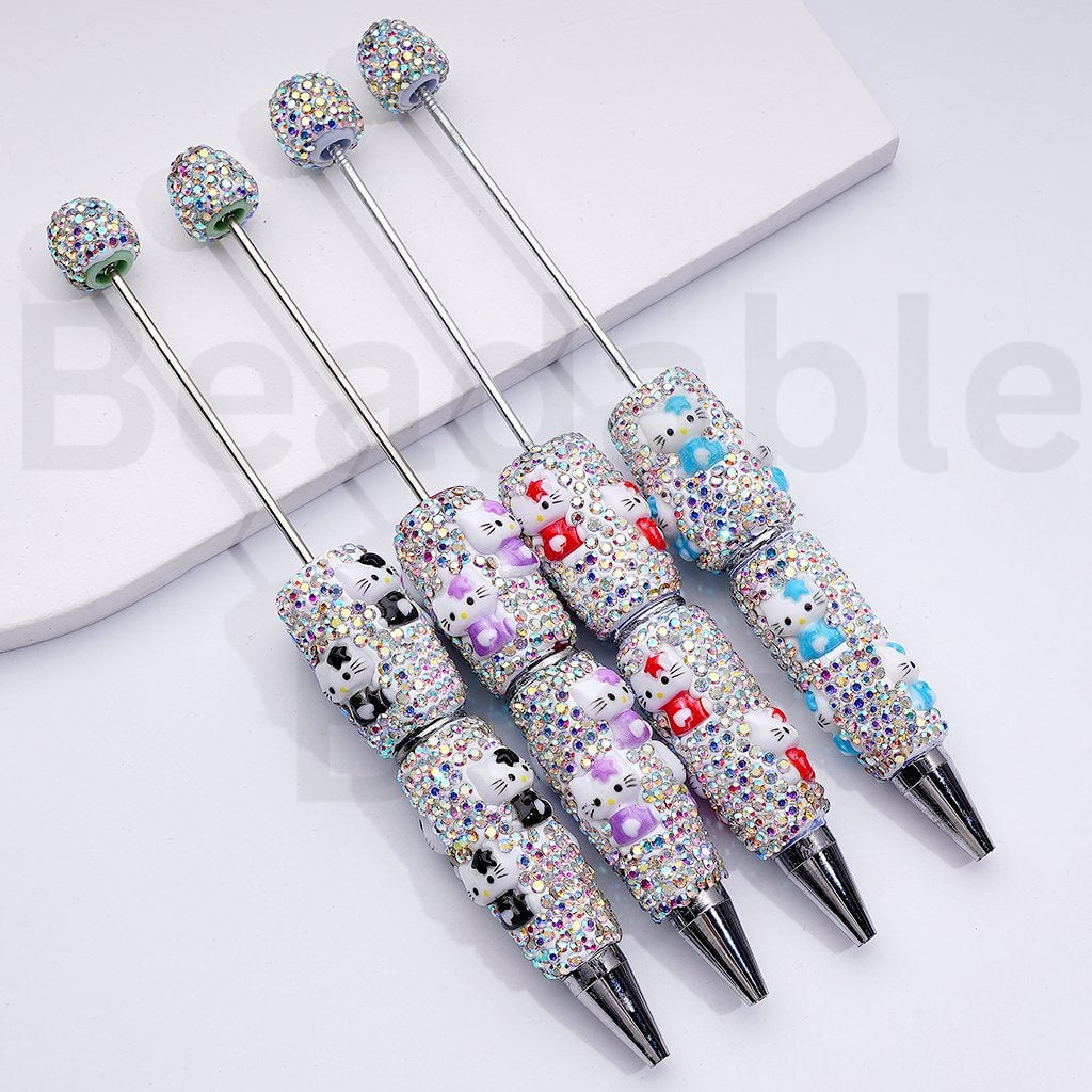 Beadable Clay Pens with Cute HK Kitten AB Rhinestones Covered the Entire Pen, Random Mix