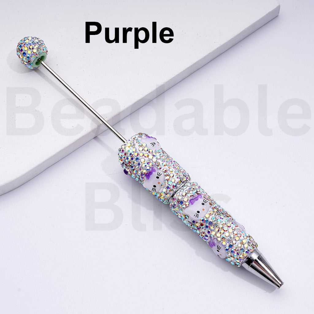 Beadable Clay Pens with Cute HK Kitten Head AB Rhinestones Covered the Entire Pen, Random Mix