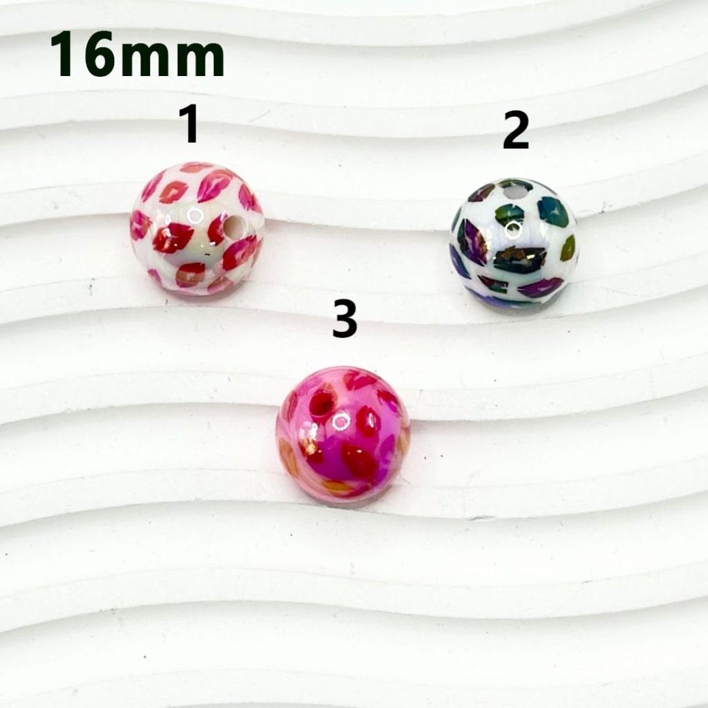 UV Finish Shiny Red & White Round Acrylic Beads with Black & Red Mouth Lip, 16MM