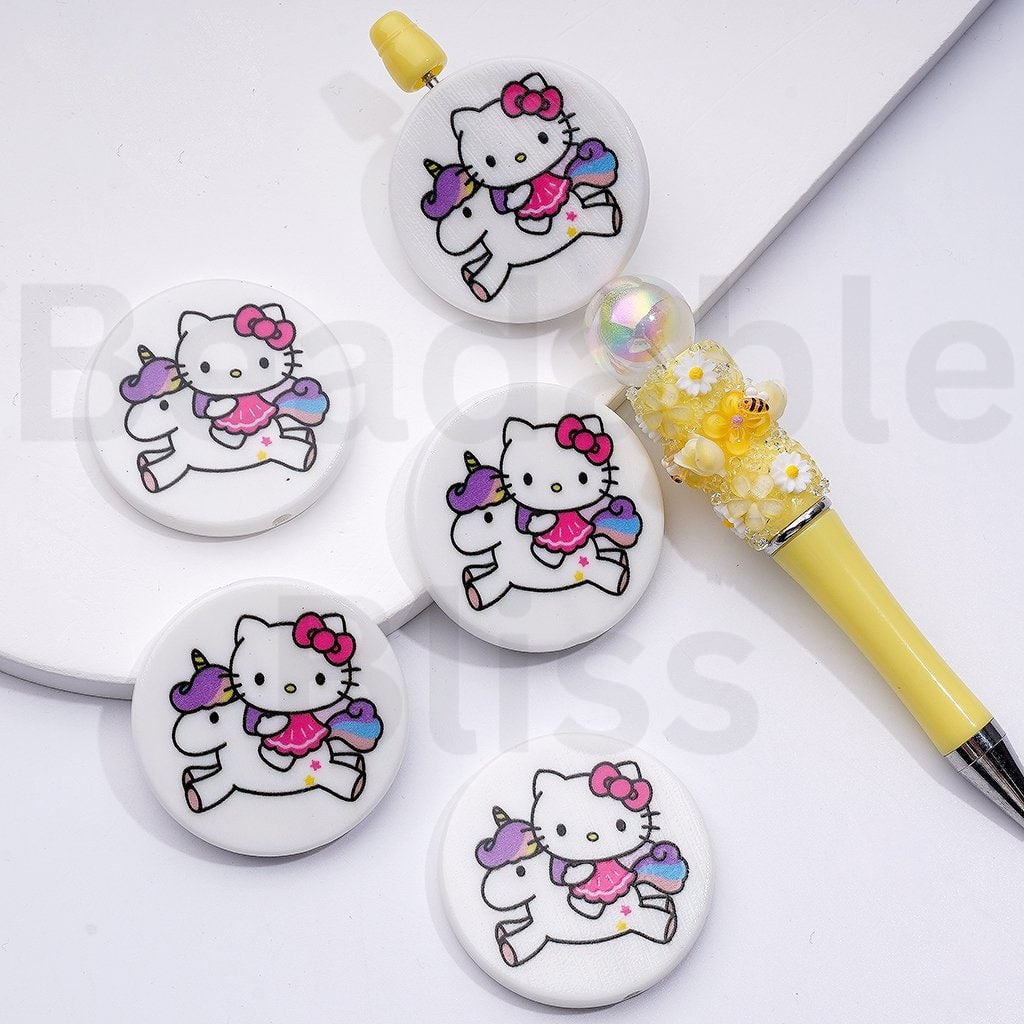 Cute HK Kitten with Blue Wings Ice Cream Drives a Car Unicorn Sanri Round Flat Acrylic Beads, Around 38MM