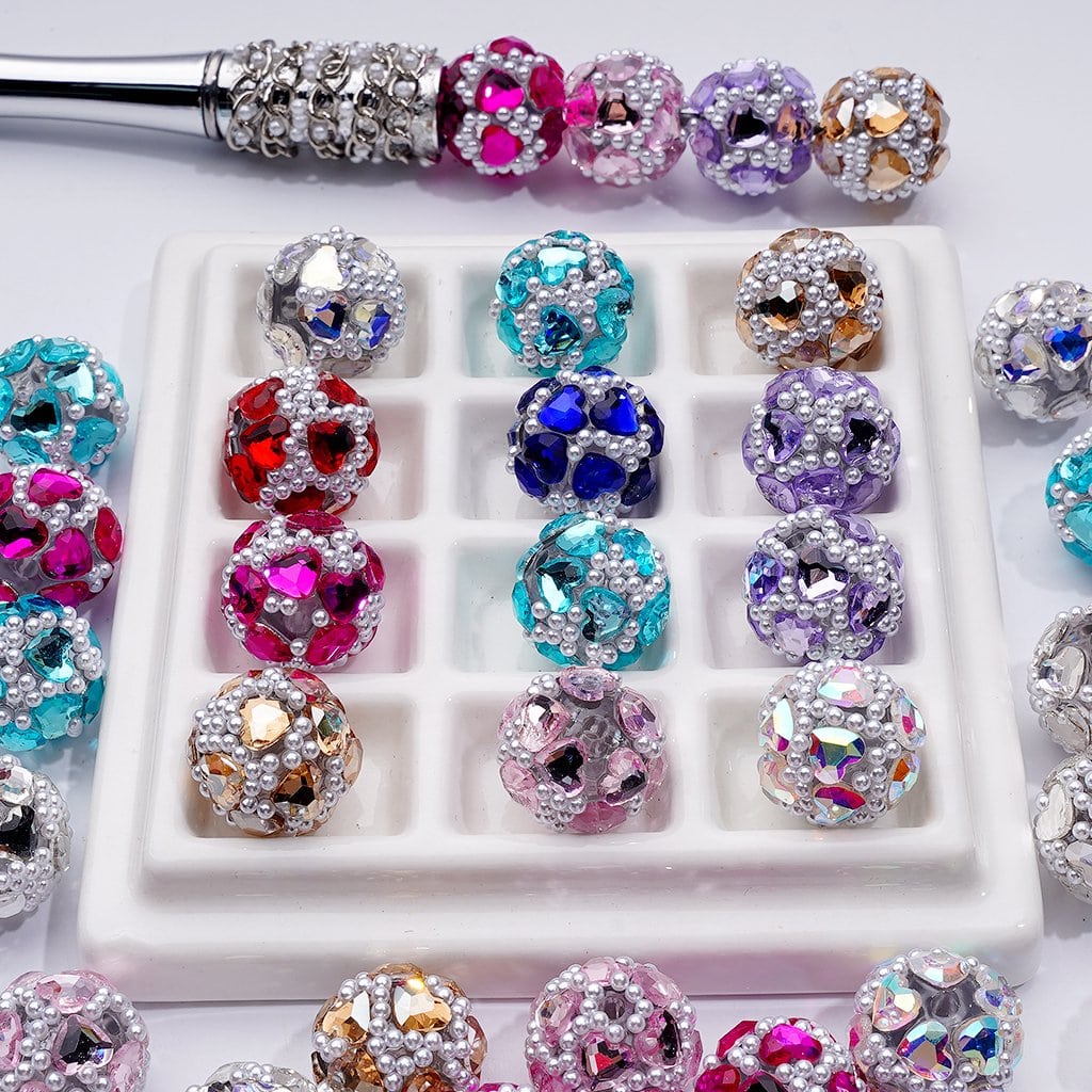 Shiny Hearts Rhinestones White Pearls Clear Round Acrylic Beads, 16MM, Random Mix