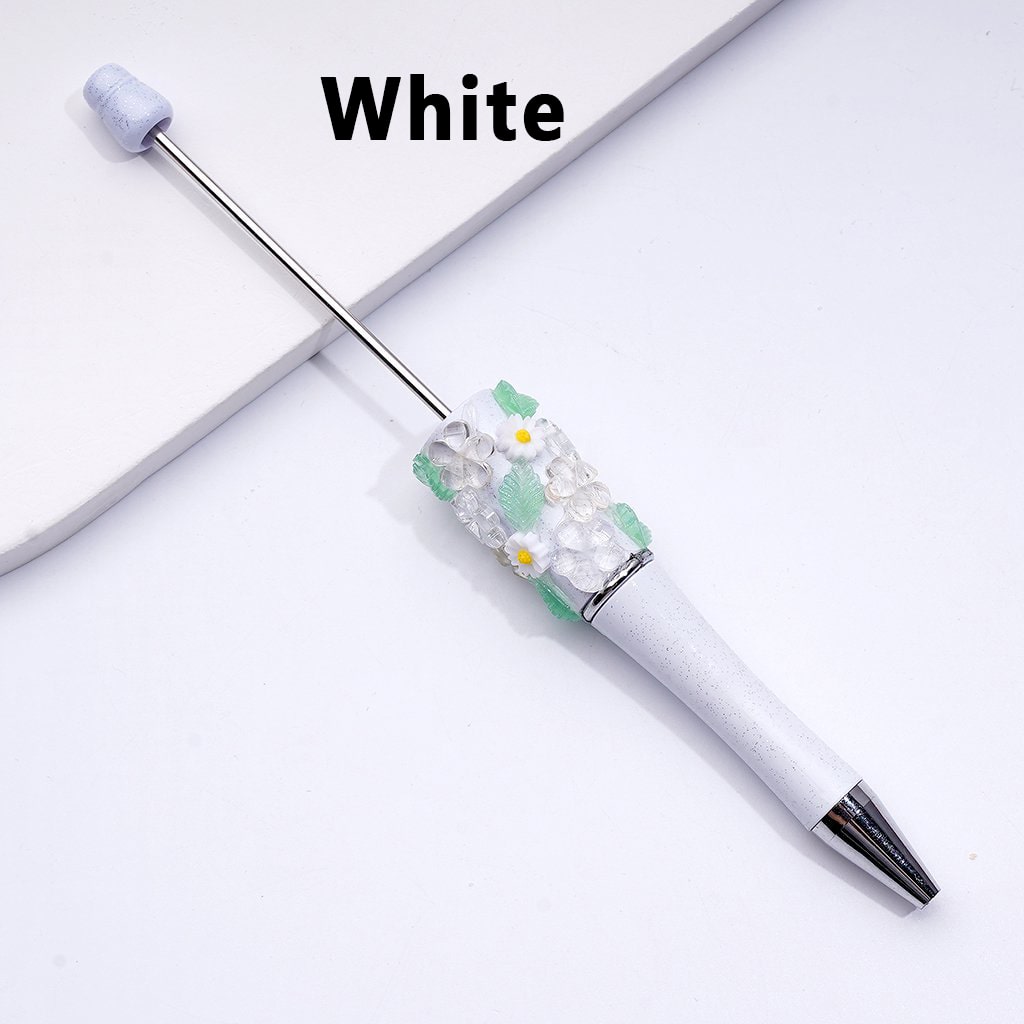 Exquisite White Glitter Beadable Pen with Cute Colorful Flowers Green Leaves Accessories