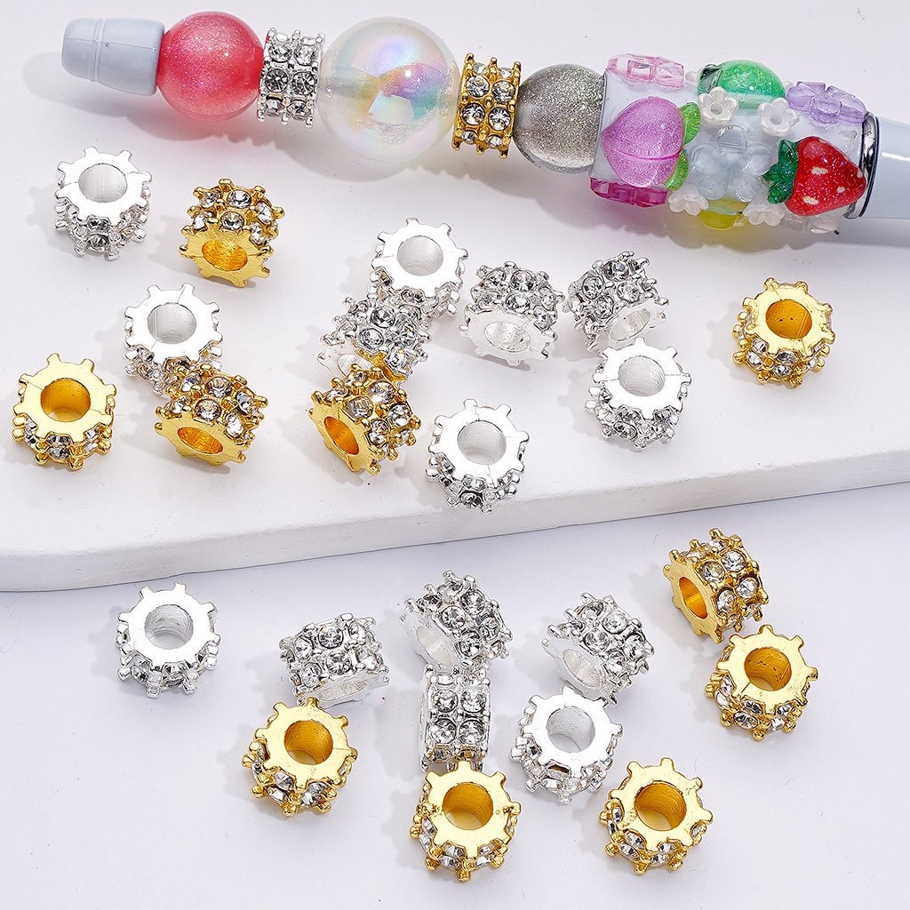 Fancy Gold Silver Alloy Gear Shape Spacer with Clear Rhinestones, 10*6MM