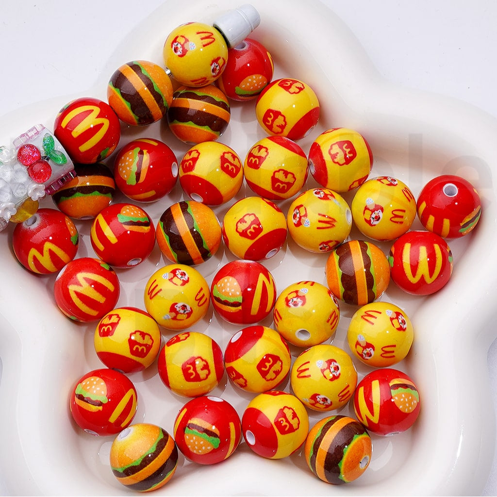 Cute McDonal Fast Food Hamburger French Fries Clown Round Acrylic Beads, 16MM, Random Mix