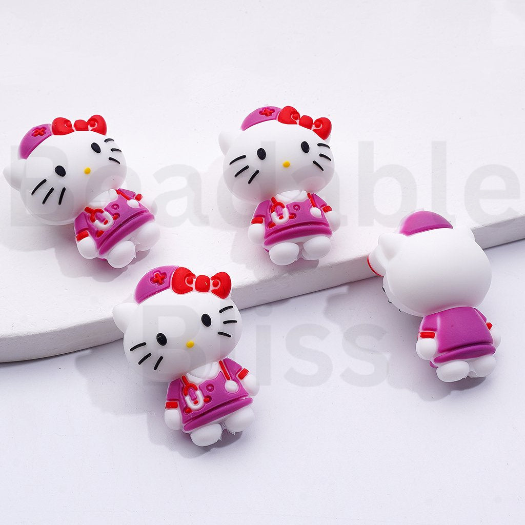 3D Cute Purple Blue Pink Hell Kitt Nurse Silicone Focal Beads, Random Mix